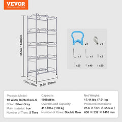 Silver gray 5-tier double row water jug rack holding 10 bottles, made of iron.