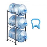Black cast iron 3-tier water jug holder for organizing up to 3 bottles in a single row.