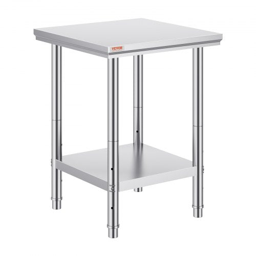 Stainless steel 24"x24" work table with adjustable shelf and feet for kitchen use.