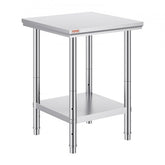 Stainless steel 24"x24" work table with adjustable shelf and feet for kitchen use.