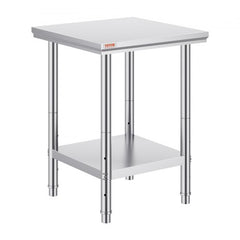 Stainless steel 24"x24" work table with adjustable shelf and feet for kitchen use.