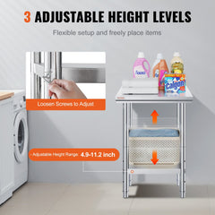 Stainless steel food prep work table with adjustable shelf and feet for stability.