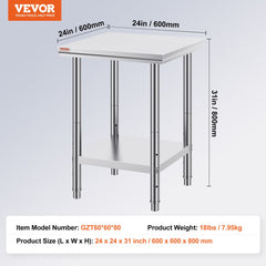 Stainless steel work table with adjustable shelf and feet for commercial kitchen use.
