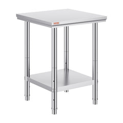 Stainless steel work table with adjustable shelf and feet for commercial kitchen use.
