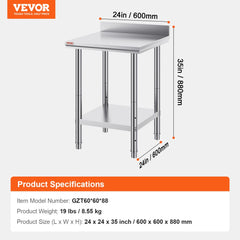 Stainless steel kitchen prep table with adjustable shelf and 700 lbs load capacity.