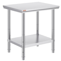 Stainless steel commercial work table with adjustable shelf and sturdy construction for prep use.