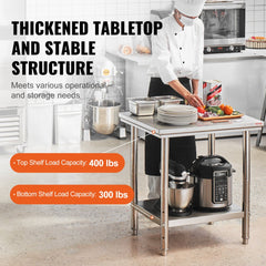 Stainless steel commercial work table with adjustable shelf and sturdy construction.