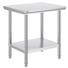 Stainless steel commercial work table with adjustable shelf and sturdy structure for prep work.