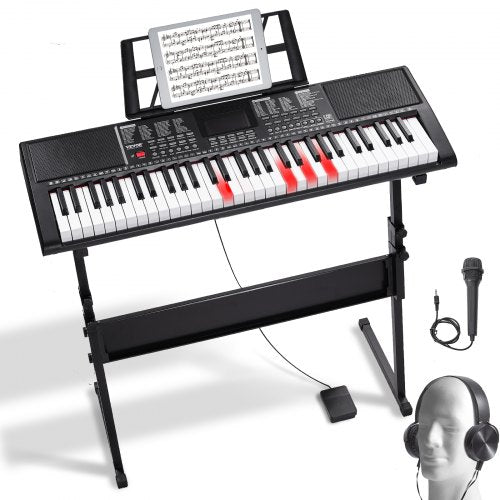 Portable 61-key digital keyboard piano with adjustable stand and built-in speakers.