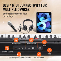 Portable 61-key digital keyboard piano with adjustable stand and built-in speakers.