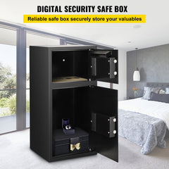 Double door steel security safe box with digital lock and gray carpet lining inside.