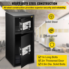 Double door steel security safe box with digital lock and spacious compartments for storage.