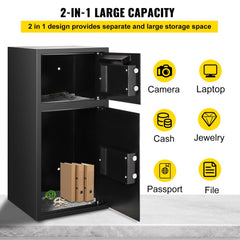 Steel security safe box with digital lock, double doors, and gray carpet lining inside.