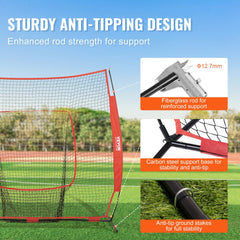 Portable 7x7ft baseball softball practice net with sturdy fiberglass rods and knotless netting.