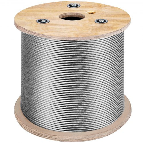 A 500-foot spool of 3/16-inch 7x19 T304 stainless steel wire rope on a wooden core.