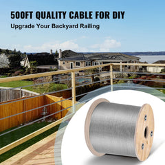 500ft spool of 3/16 inch 7x19 T304 stainless steel wire rope on a backyard deck.