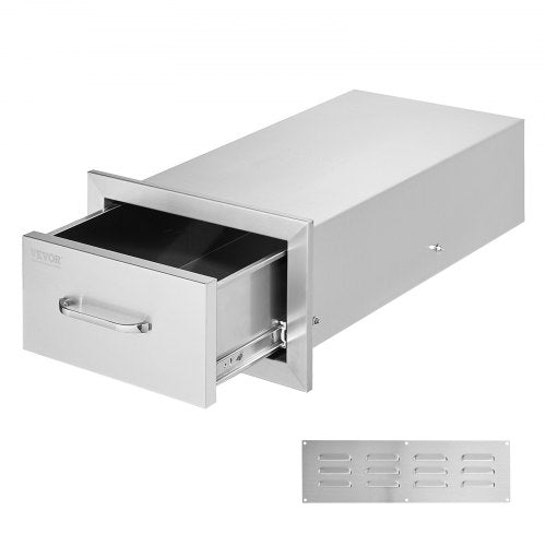 Stainless steel outdoor kitchen drawers measuring 14x8.5 inches with flush mount design.