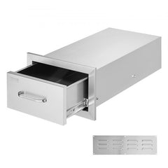 Stainless steel outdoor kitchen drawers measuring 14x8.5 inches with flush mount design.