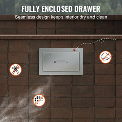 Stainless steel outdoor kitchen drawers measuring 14x8.5 inches with flush mount design.