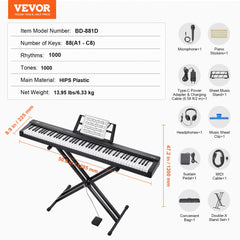 88-key digital piano keyboard with semi-weighted keys and adjustable double-X stand.