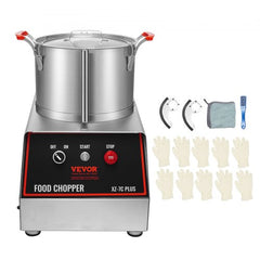 Stainless steel 7QT food processor with sharp S-shaped blades and wide feed chute.