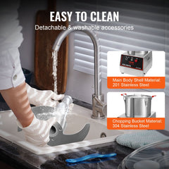 Stainless steel 7QT food processor with sharp S-shaped blades and wide feed chute.