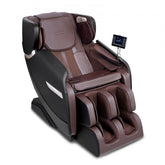 Brown leather Bostome zero gravity massage chair with 3D Shiatsu rollers, heating, and touchscreen controls.