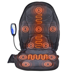 A black massage seat cushion with heat, showing glowing orange heat and massage zones.