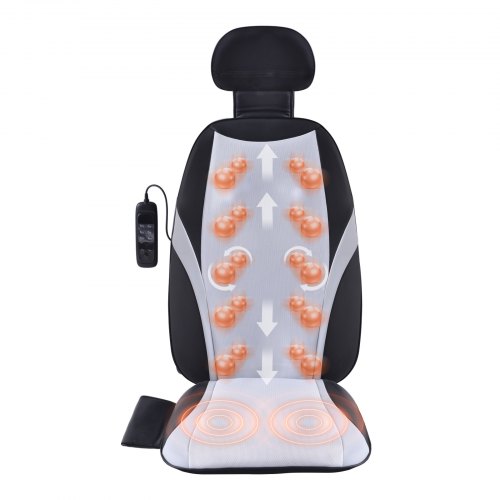 Black shiatsu back massager seat cushion with orange rollers, heat, and vibration.