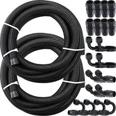 Bostome 8AN fuel line kit with 32.8ft black nylon braided hose and 20 aluminum fittings.