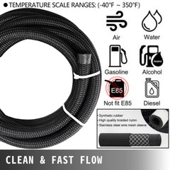 32.8-foot nylon braided 8AN fuel hose with stainless steel mesh and 20 aluminum ends.