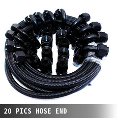 20 aluminum hose ends arranged around a coiled 32.8ft black nylon braided 8AN fuel hose.
