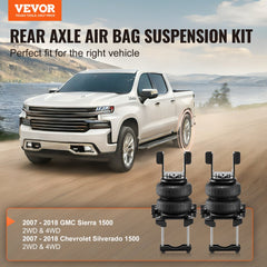 Rear axle air bag suspension kit for 2007-2018 Chevy Silverado 1500 and GMC Sierra 1500 2WD/4WD, shown installed on white trucks.