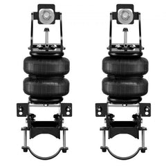 Pair of black air bag suspension units with adjustable mounts for Ford F250/F350 trucks.