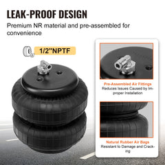 Close-up of Bostome air bag suspension kit with leak-proof NR rubber bags and 1/2" NPTF fittings.