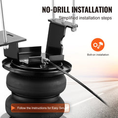 Black air springs and brackets for Bostome airbag suspension kit, showing no-drill bolt-on installation.