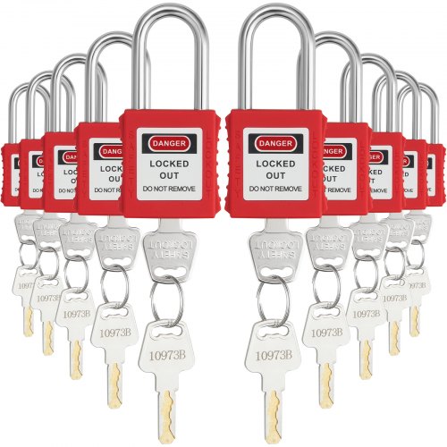 Bostome 10-piece red safety padlock set with dual-side locking and writable tags for workplace safety.
