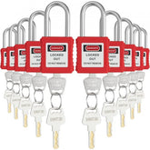 Bostome 10-piece red safety padlock set with dual-side locking and writable tags for workplace safety.