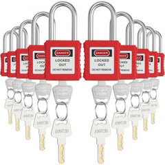 Bostome 10-piece red safety padlock set with dual-side locking and writable tags for workplace safety.