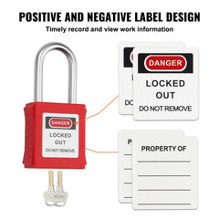 Bostome 10-piece red lockout tagout safety padlock set with dual-side locking and writable tags.