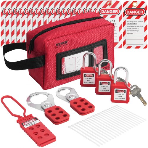 Bostome 26-piece electrical lockout tagout kit with padlocks, hasps, tags, and carrying bag.