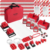 Bostome 47-piece electrical lockout tagout kit with safety padlocks and colorful lockout tags.