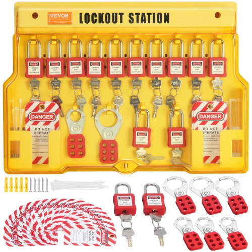 Yellow lockout/tagout station with 14 padlocks, hasps, tags, and cable ties.