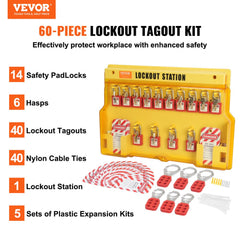 A 60-piece lockout tagout kit with a yellow station, padlocks, hasps, and tags.