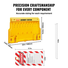 A yellow lockout station with various lockout tagout components and their dimensions.