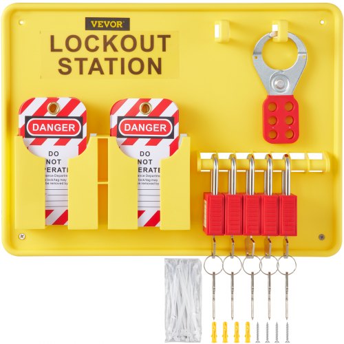 Bostome 26 PCS Lockout Tagout Kit with padlocks, hasp, tags, and storage station for safety.