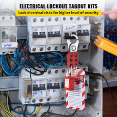 Bostome 26 PCS Lockout Tagout Kit with padlocks, hasps, and writable safety tags for electrical safety.