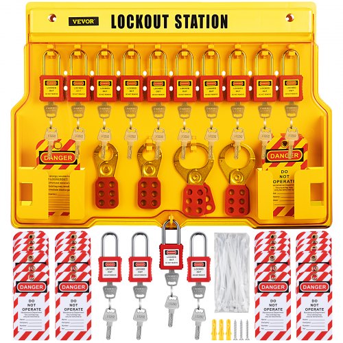 Bostome 58-Piece Electrical Lockout Tagout Kit with padlocks, hasps, and writable danger tags.