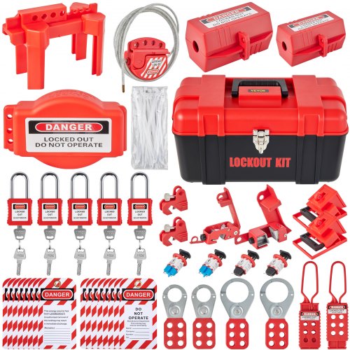 Bostome 43-piece Lockout Tagout kit with various lockout tools and a storage case.