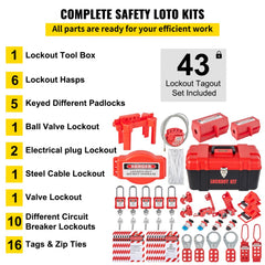 Bostome 43-piece Lockout Tagout kit with padlocks, lockouts, hasps, and storage case.
